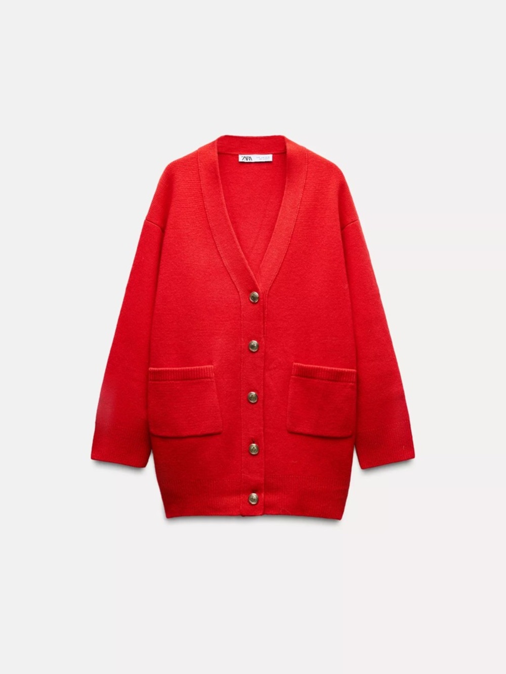 Zara Bright Red Button-Up Pocket Cardigan